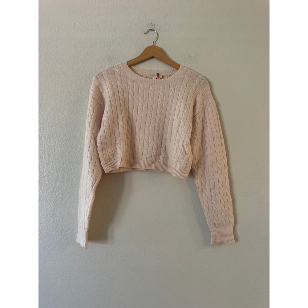 LoveShackFancy Cable Knit Cropped Sweater Bow Detail XXS Pink Excellent